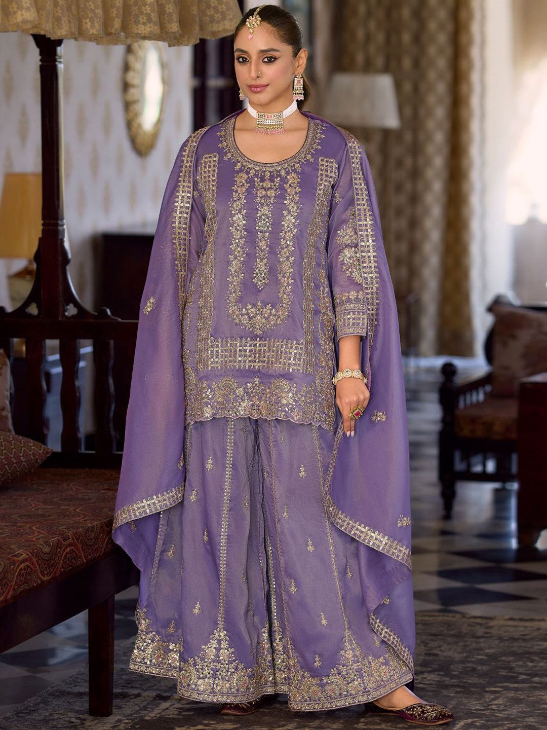 Women Ethnic Motifs Embroidered Regular Sequinned Kurta with Palazzos & With Dupatta