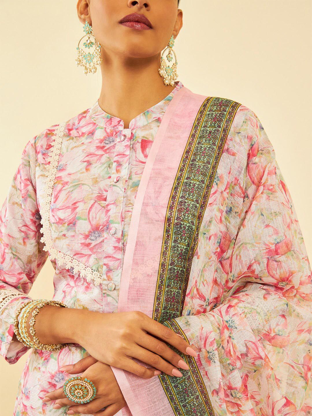 Dhiyona SO Women's Floral Printed Mandarin Collar Three-Quarter Sleeves Kurta Set
