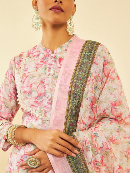 Dhiyona SO Women's Floral Printed Mandarin Collar Three-Quarter Sleeves Kurta Set