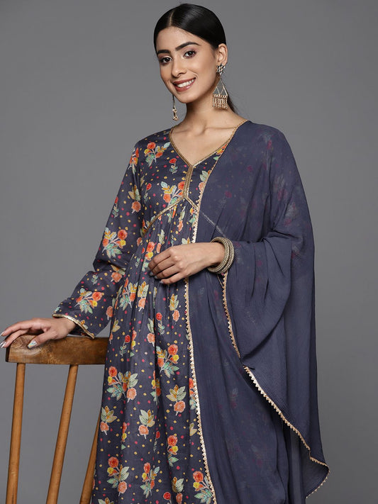 Dhiyona VA Women'sFloral Printed Empire Sequinned Pure Cotton Kurta With Palazzos & With Dupatta