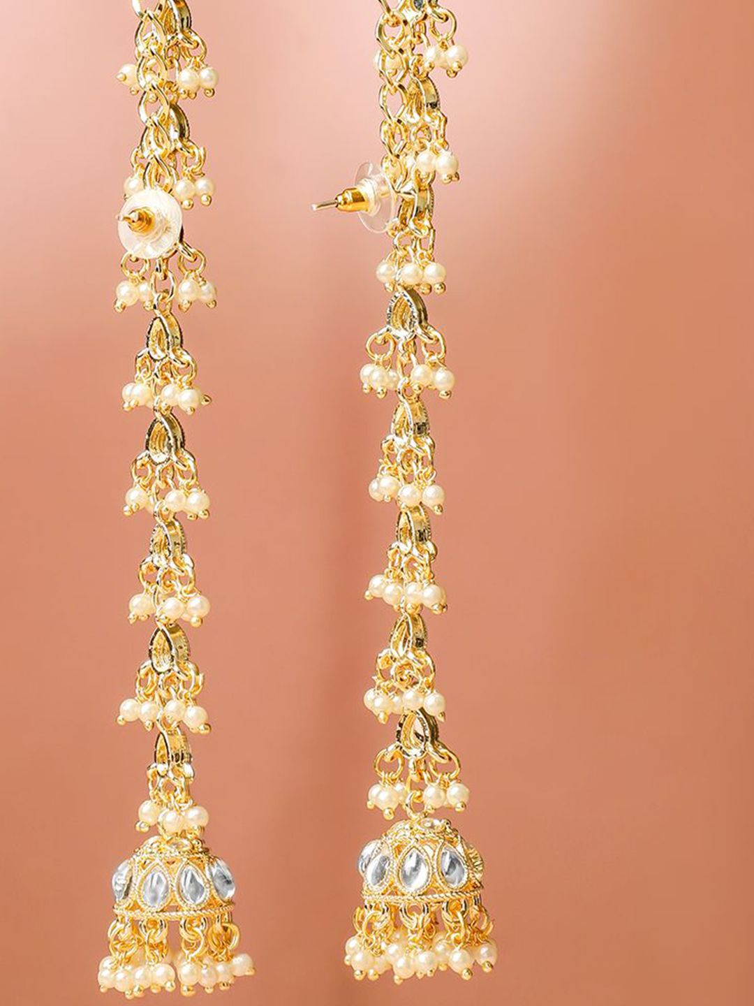 Dhiyona RJ Women's 18K Gold-Plated White Kundan & Glossy Pearl Beaded Long Jhumka Earring Extension