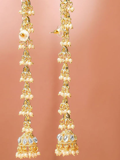 Dhiyona RJ Women's 18K Gold-Plated White Kundan & Glossy Pearl Beaded Long Jhumka Earring Extension