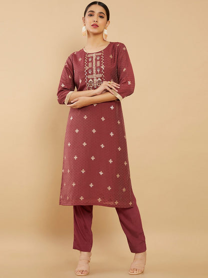 Dhiyona SO Women's Women Maroon Ethnic Motifs Printed Thread Work Kurta with Trousers