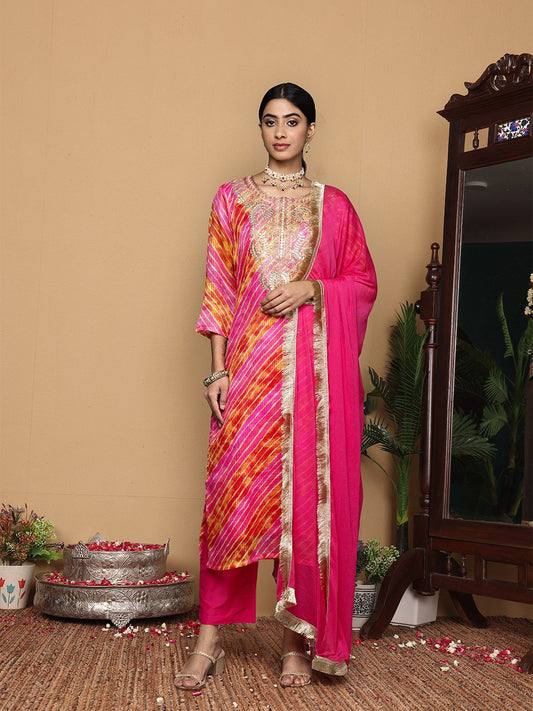 Dhiyona VA Women's Dyed Regular Thread Work Kurta with Trousers & With Dupatta