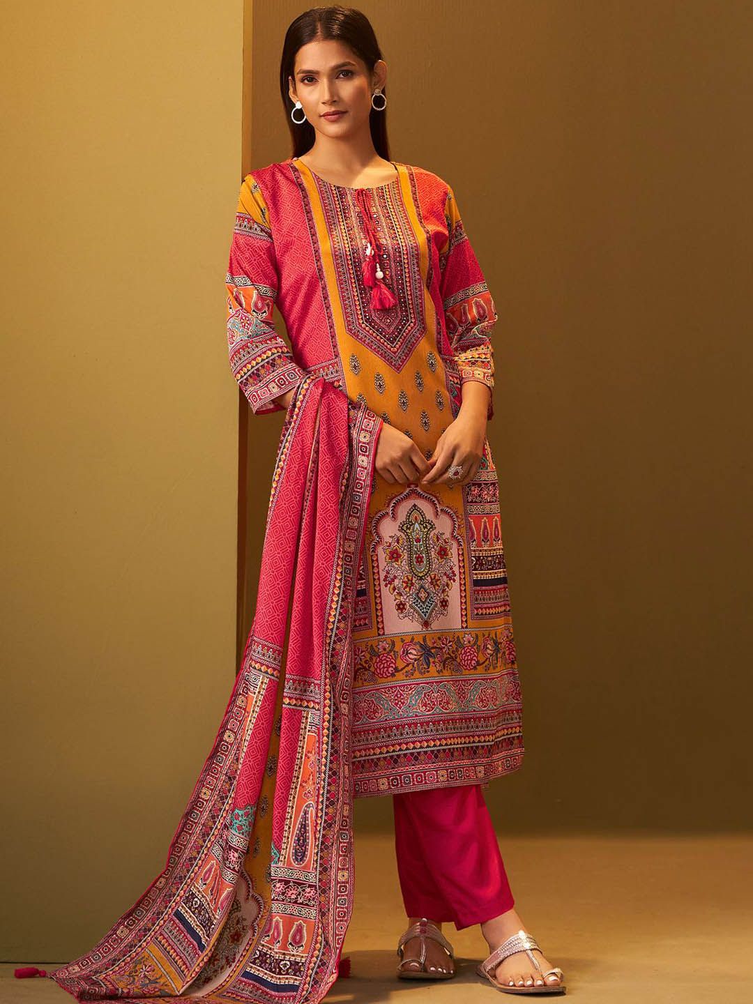 Ethnic Motifs Printed Thread Work Straight Kurta With Trousers & Dupatta