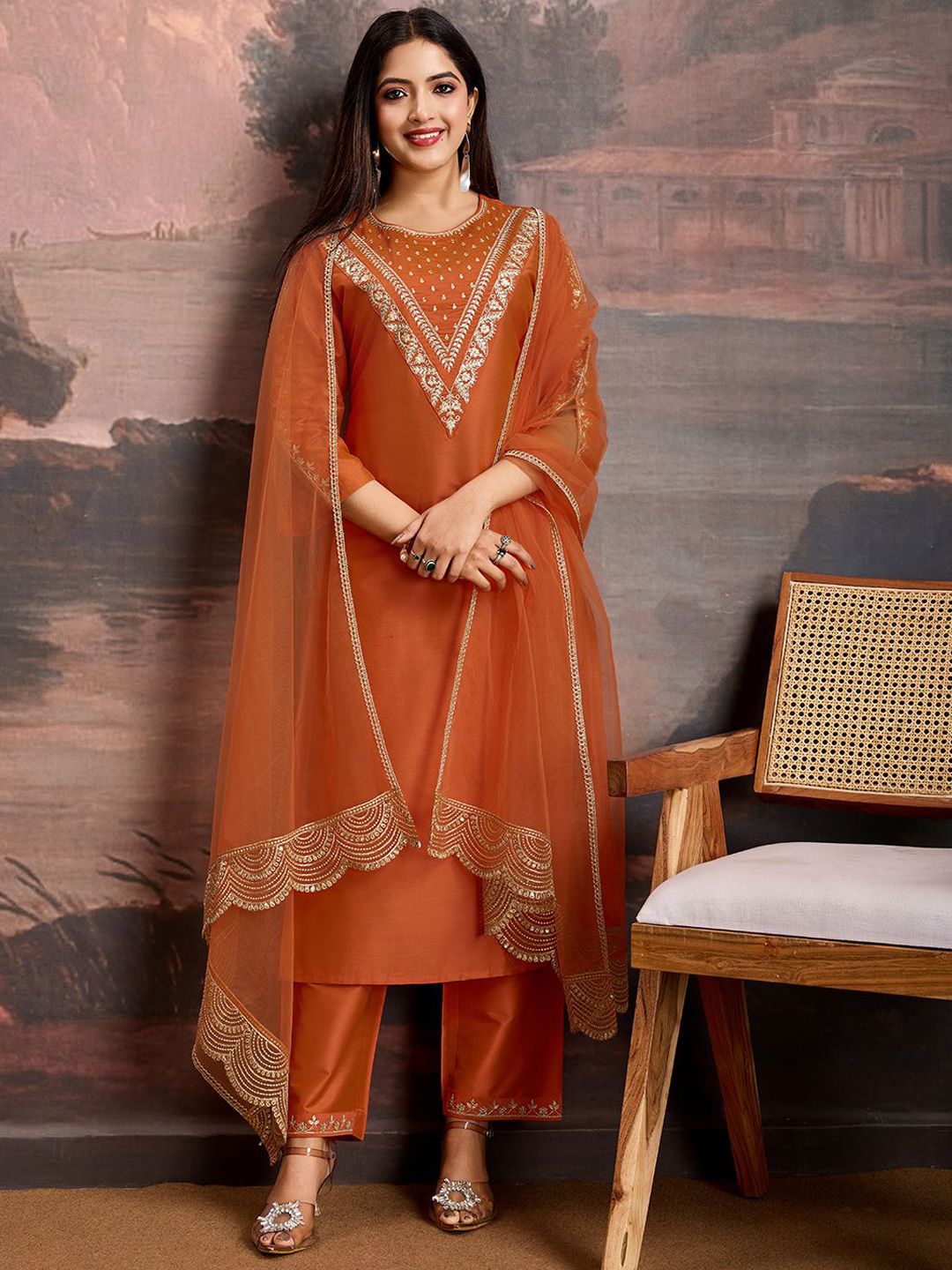 Dhiyona PD Women Embroidered Kurta & Trousers With Net Dupatta Set