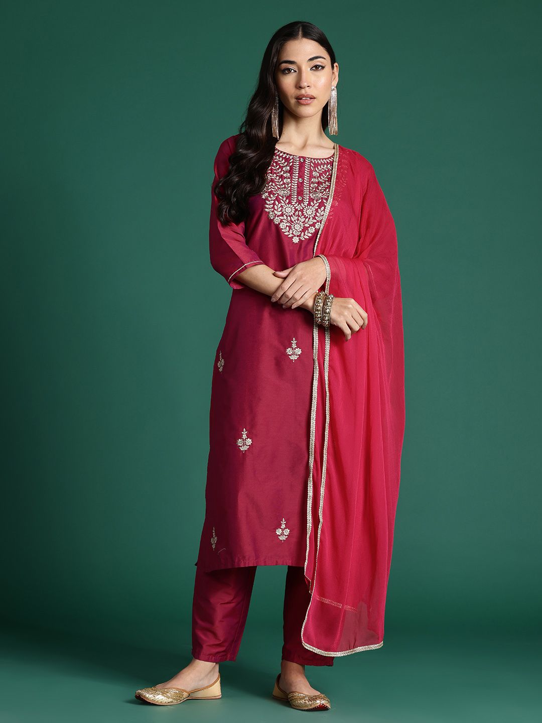 Ethnic Motifs Embroidered Kurta with Trousers & With Dupatta