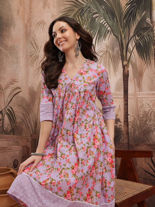 Dhiyona SN Women's Floral Print Empire Lace Insert Detail Pure Cotton A-Line Kurta with Trousers