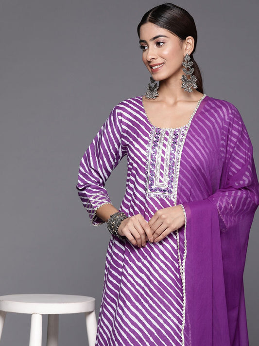Dhiyona VA Women's Leheriya Printed Mirror Work Pure Cotton Kurta with Trousers & With Dupatta