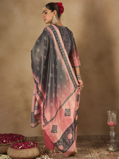 Dhiyona IE Floral Embroidered Embellished Notch Neck Straight Kurta with Trouser And Dupatta