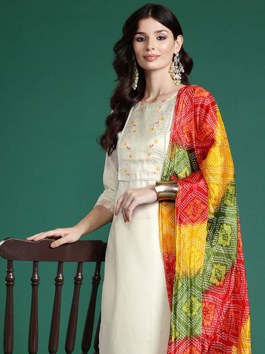 Dhiyona IE Floral Yoke Design Zari Pure Cotton Kurta With Trousers & Dupatta