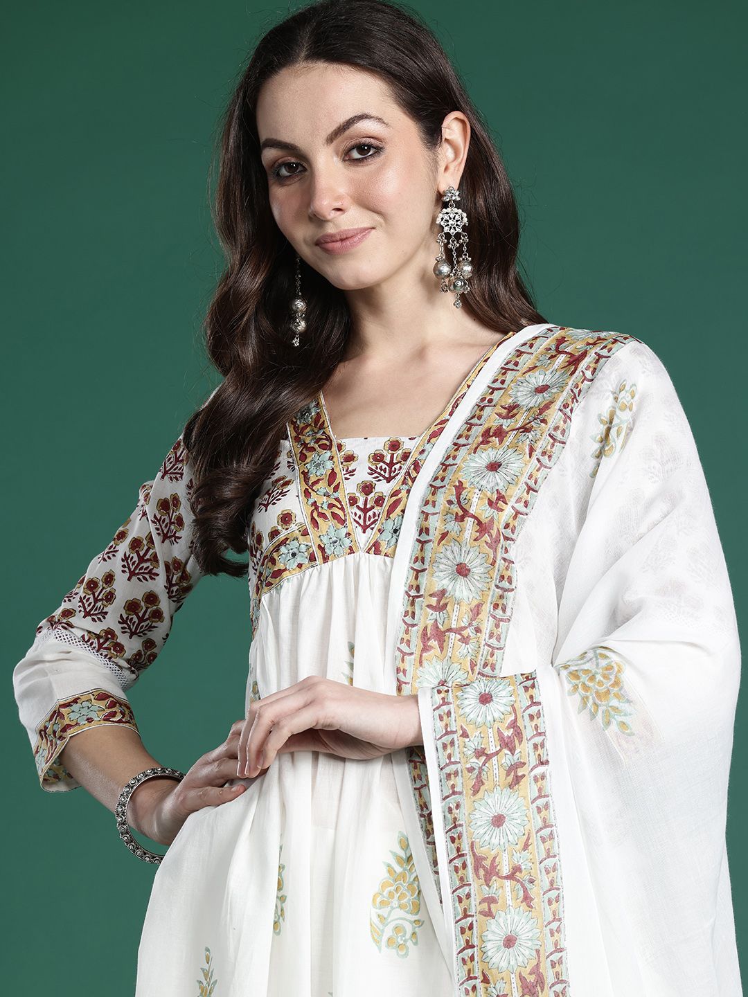 Dhiyona IE Floral Printed Empire Pure Cotton Kurta with Trousers & With Dupatta