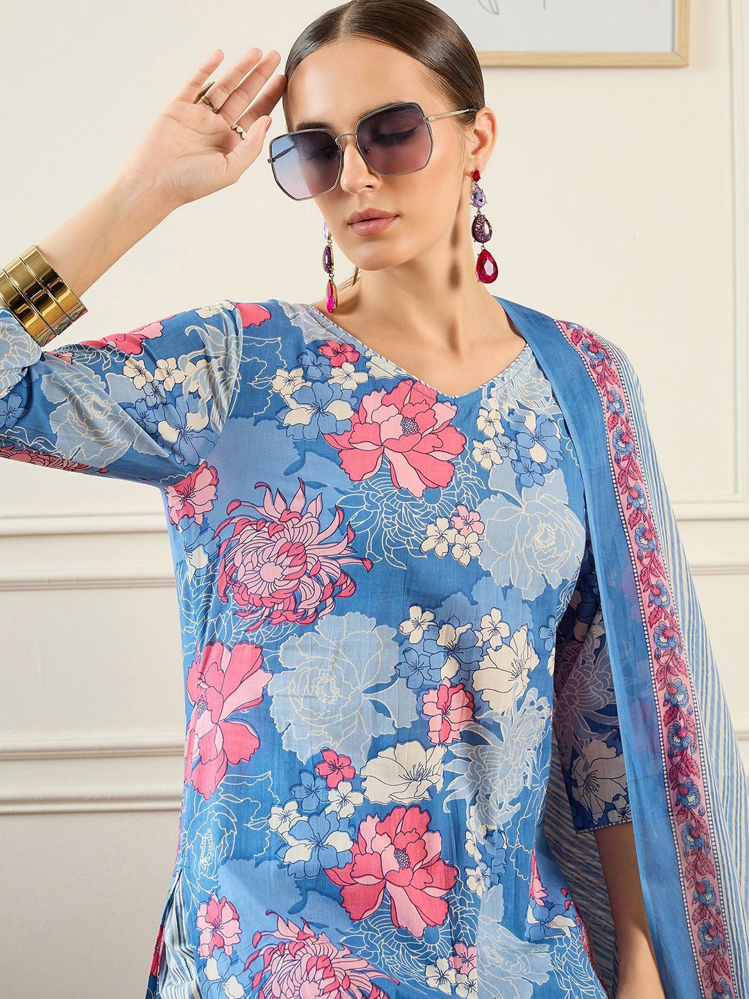 Floral Printed V-Neck Pure Cotton Straight Kurta With Trousers & Dupatta