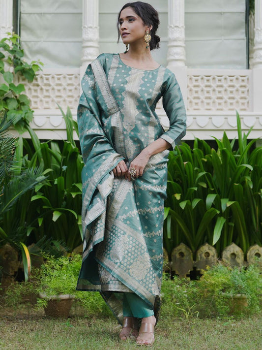 Dhiyona IE Woven Design Pure Silk Kurta with Trousers & Dupatta