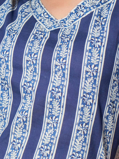 Dhiyona IE Blue Striped V-Neck Pure Cotton Straight Kurta