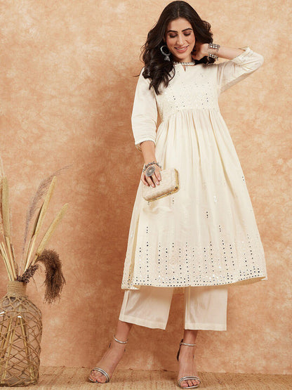 Dhiyona PD Women Embroidered Pure Cotton A-Line Kurta With Palazzo Set