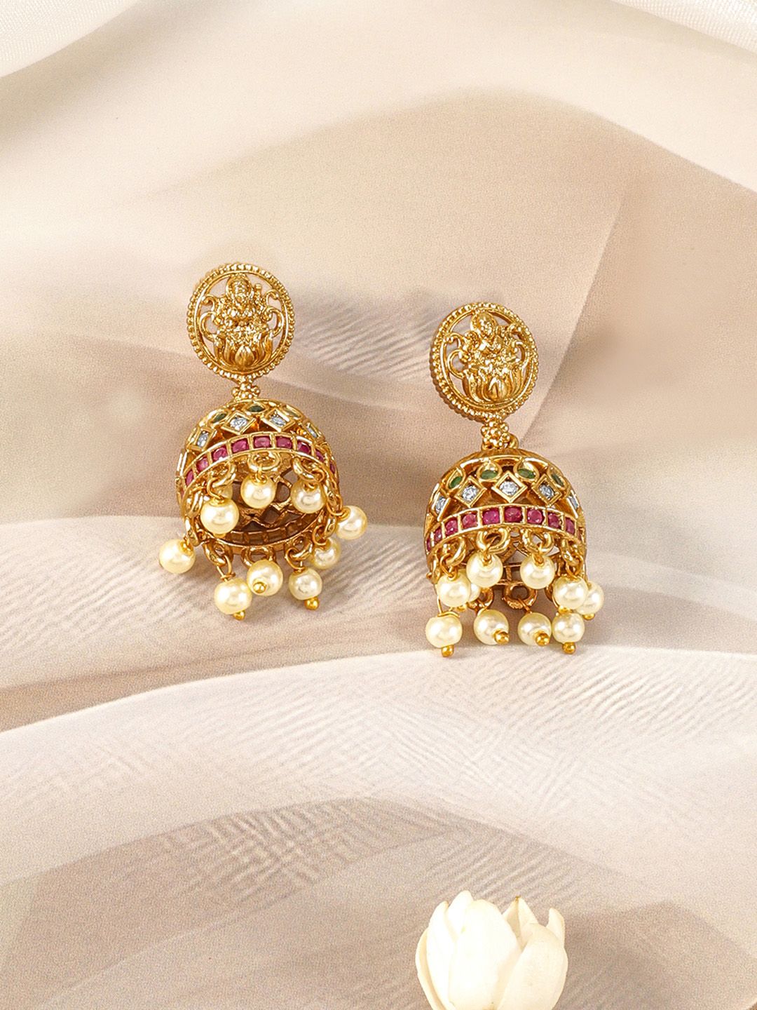 Dhiyona RJ Women's 22KT Gold-Plated Cubic Zirconia Studded Laxmi Temple Jewellery Set