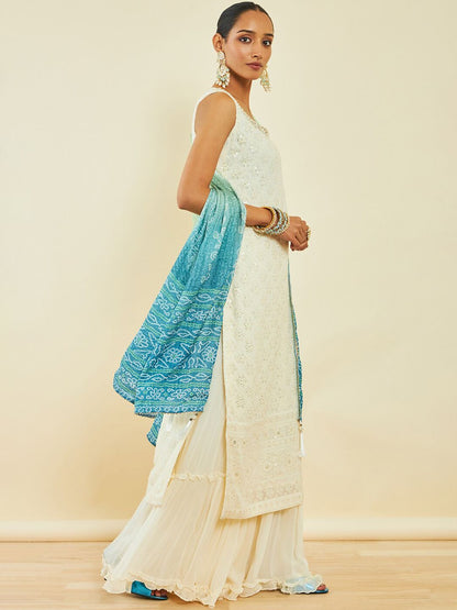 Dhiyona SO Women's Off White & Blue Floral Embroidered Georgette Kurta with Palazzos & Dupatta