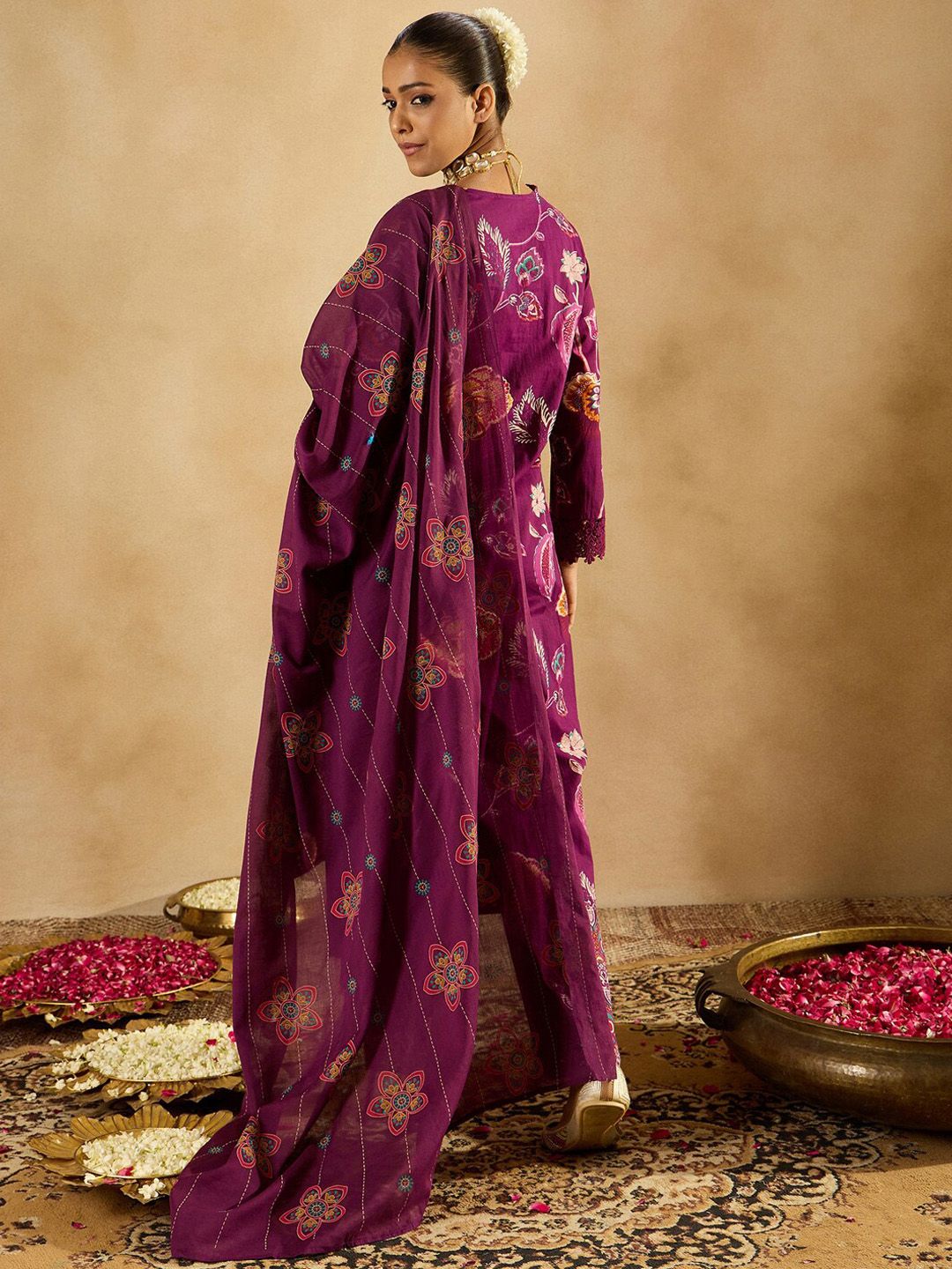 Dhiyona IE Burgundy Floral Printed V-Neck Sequinned Pure Cotton Straight Kurta Set