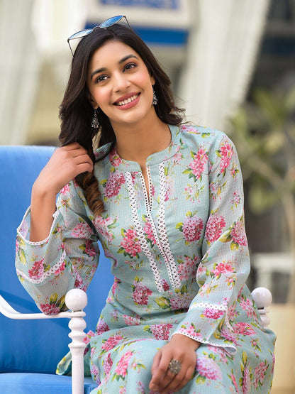 Dhiyona VA Women'sFloral Printed Long sleeves Calf Length Straight Kurta With Trouser