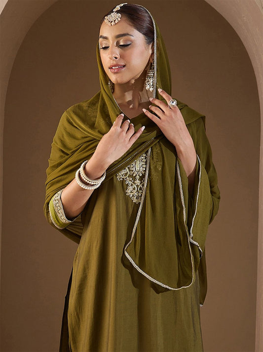 Floral Embroidered Kurta with Trousers & Dupatta