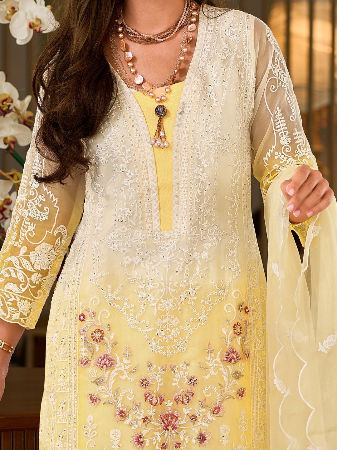 Floral Embroidered Sequinned Straight Organza Kurta With Trousers And Dupatta