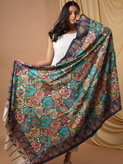 Dhiyona PA Women Teal Blue & Pink Kalamkari Pure Wool Shawl