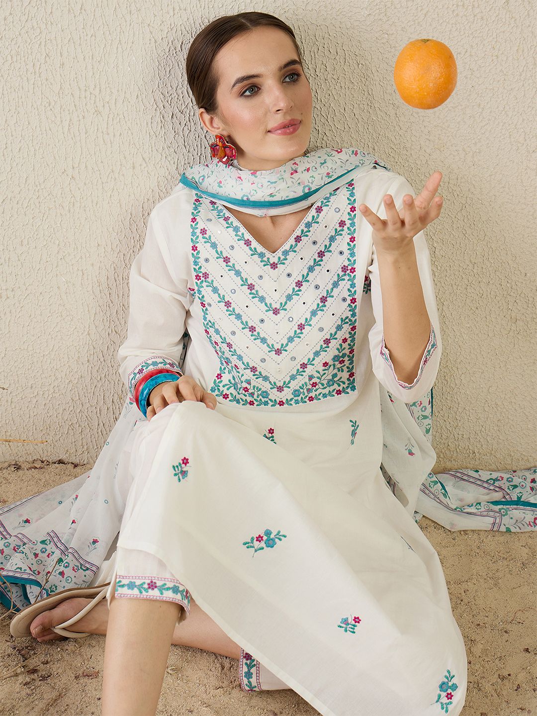 Women Floral Embroidered Cotton Kurta with Trousers & Dupatta