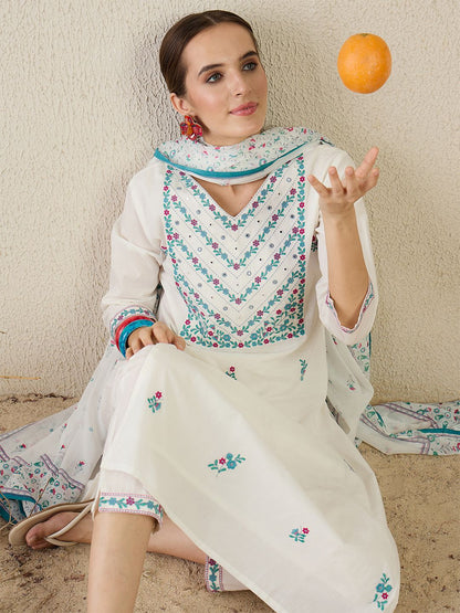 Women Floral Embroidered Cotton Kurta with Trousers & Dupatta