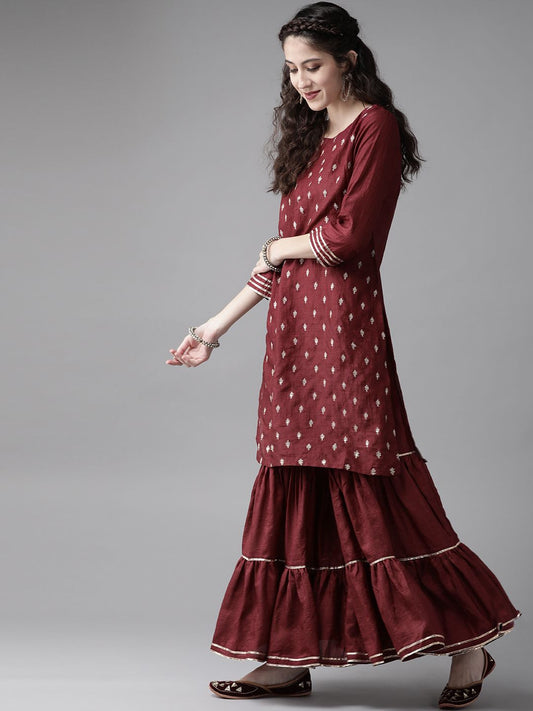 Dhiyona IE Women Maroon & Godlen Embroidered Gotta Patti Kurta with Sharara