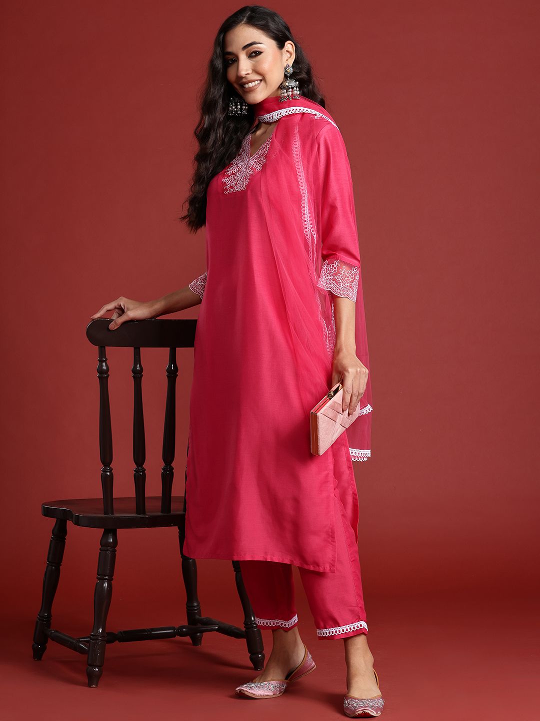 Dhiyona IE Floral Yoke Design Kantha Work Kurta With Trousers & Dupatta