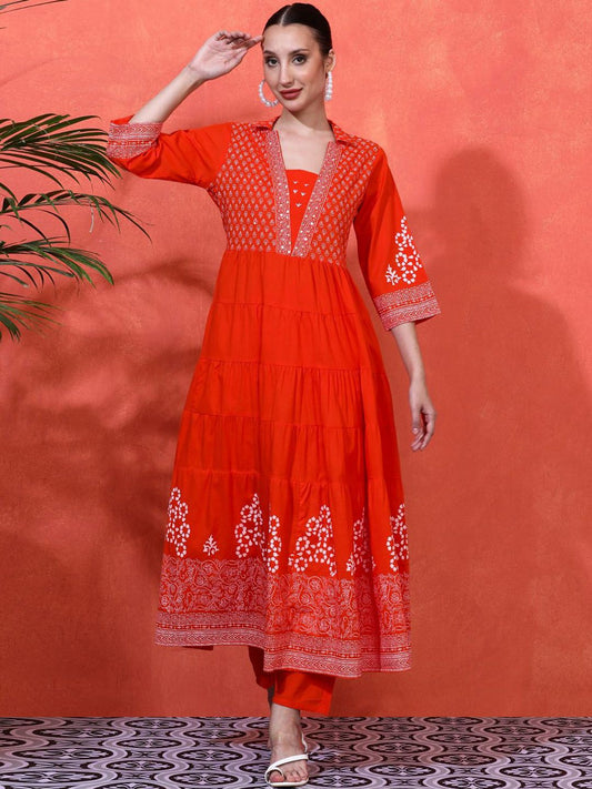 Dhiyona SN Women's Embroidered Pure Cotton A-Line Kurta & Trousers Sets