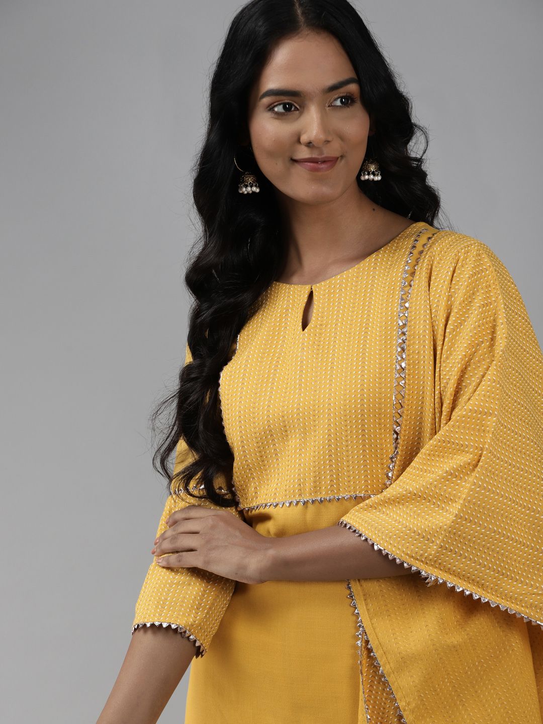 Dhiyona IE Women Yellow Yoke Design Regular Kurta with Palazzos & Dupatta