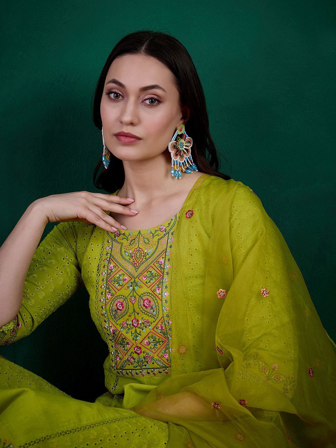Dhiyona SN Women's Lime Green Floral Embroidered Straight Kurta With Trouser & Dupatta