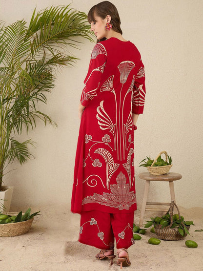 Dhiyona IE Ethnic Motifs Printed Round Neck Beads & Stones Straight Kurta With Palazzos