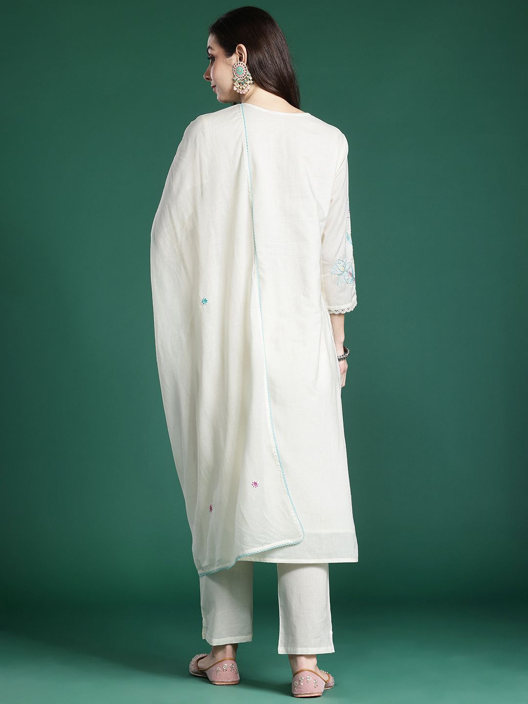 Floral Embroidered Thread Work Pure Cotton Kurta with Trousers & With Dupatta