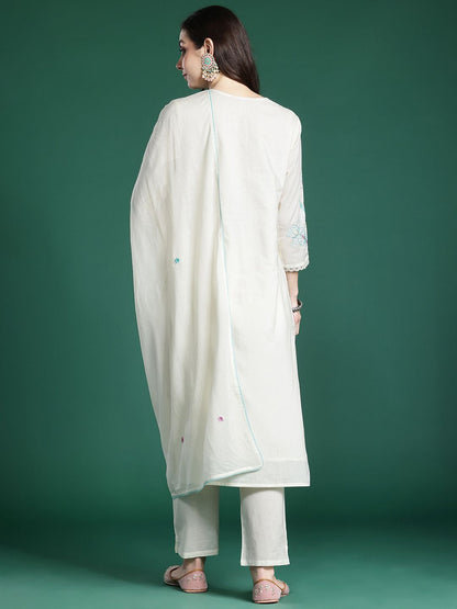 Floral Embroidered Thread Work Pure Cotton Kurta with Trousers & With Dupatta
