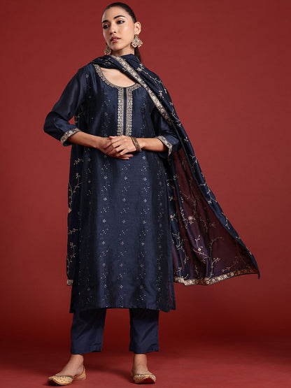 Dhiyona IE Floral Embroidered Sequinned Kurta With Trousers & Dupatta