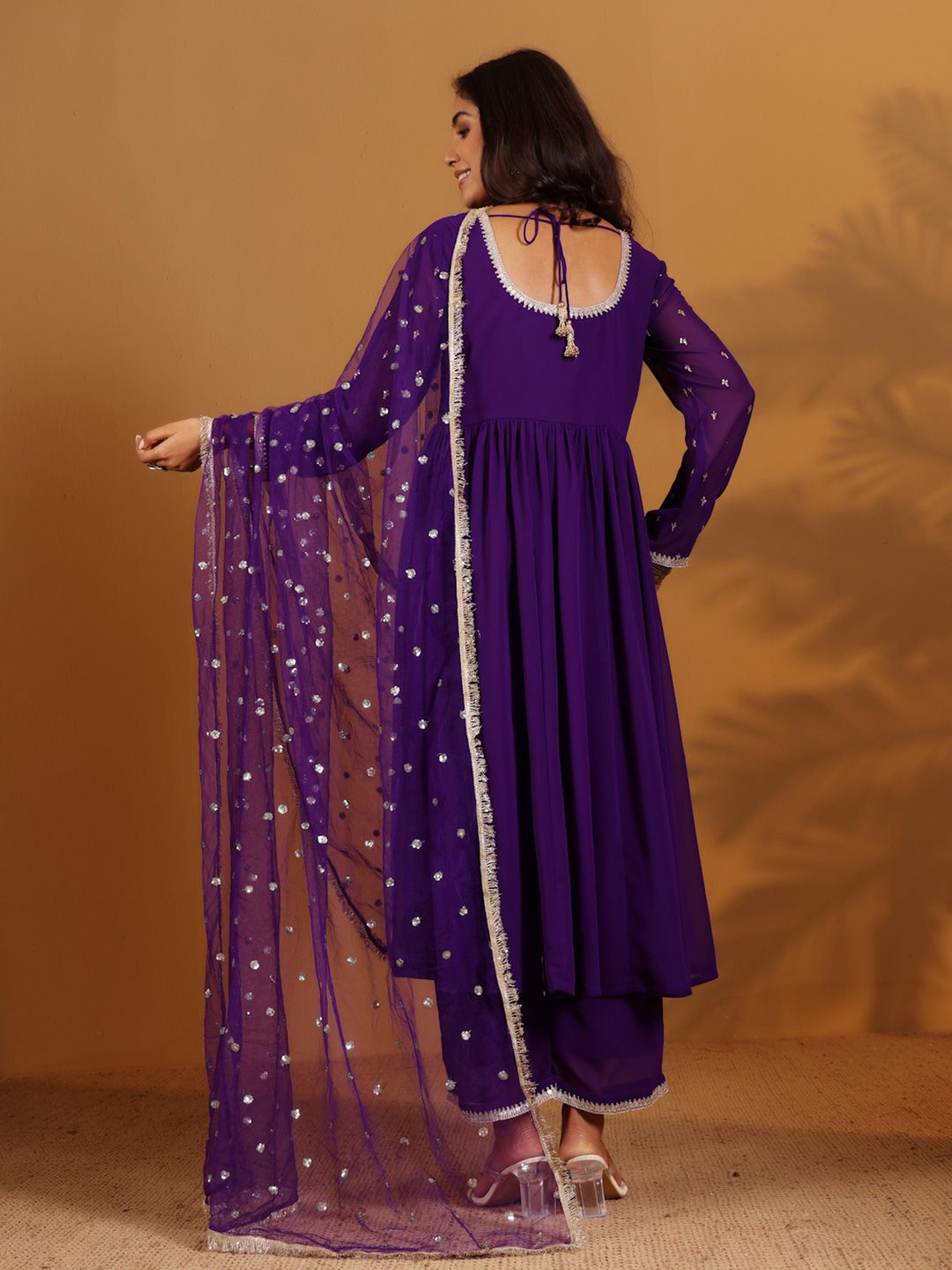 Dhiyona VA Women'sFloral Embroidered Sequnnied Silk Georgette Anarkali Kurta With Trousers & Dupatta