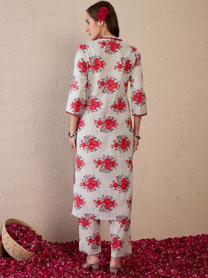 Dhiyona IE Women Floral Printed Regular Mirror Work Pure Cotton Kurta with Trousers
