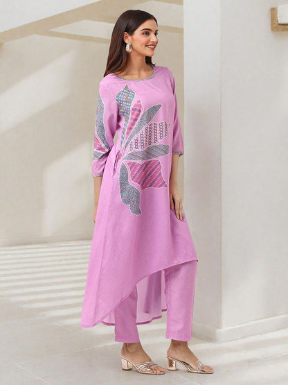Dhiyona IS Women's Floral Printed Boat Neck A-Line Kurta With Trousers