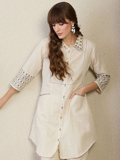 Women Woven Design Embroidered Kurta with Trousers