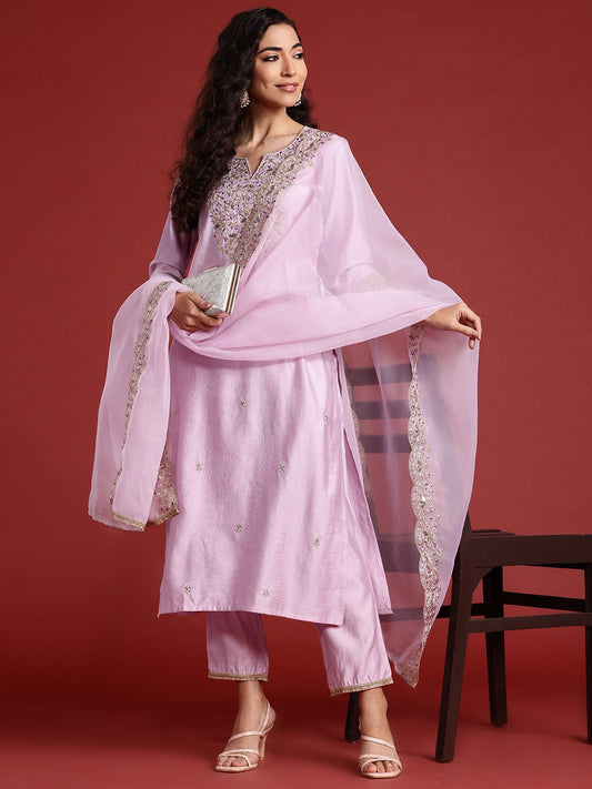 Dhiyona IE Floral Embroidered Liva Kurta With Trousers & Dupatta