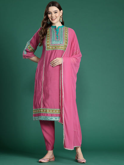 Dhiyona IE Ethnic Motifs Embroidered Panelled Mirror Work Kurta With Trousers & Dupatta