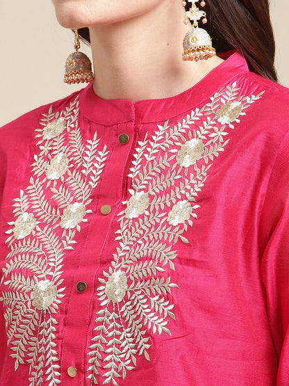 Dhiyona VA Women's Magenta Floral Chanderi Silk Kurta with Trousers & With Dupatta