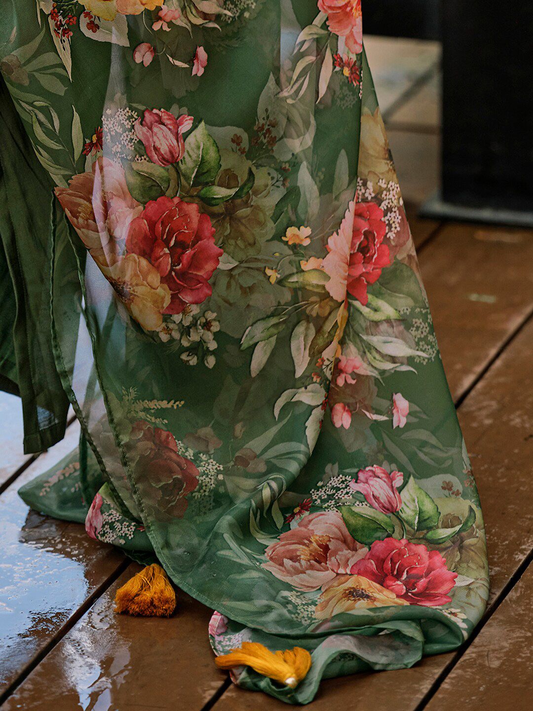 Floral Yoke Design Thread Work A-Line Kurta With Trousers & Dupatta