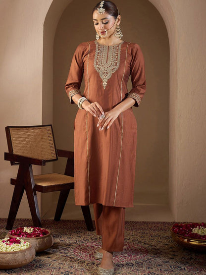 Dhiyona IE Women Ethnic Motifs Embroidered Regular Liva Kurta with Trousers & With Dupatta