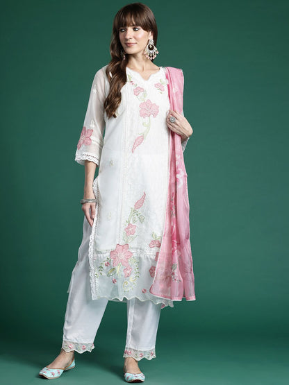 Dhiyona IE Women Floral Embroidered Panelled Thread Work Kurta With Trousers & Dupatta