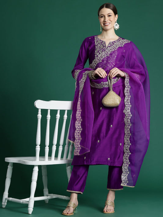 Dhiyona IE Floral Embroidered Sequinned Liva Kurta with Trousers & With Dupatta