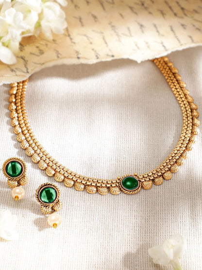 Dhiyona RJ Women's 22K Gold-Plated Dark Emerald Green Stone & Pearl Beaded Traditional Necklace Set